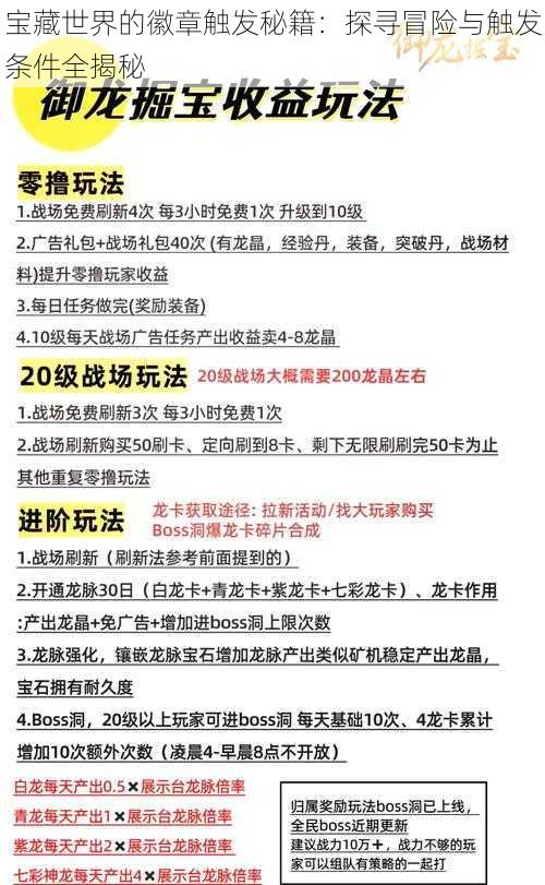 宝藏世界的徽章触发秘籍：探寻冒险与触发条件全揭秘