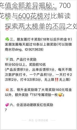 充值金额差异揭秘：700花榜与600花榜对比解读，探索两大榜单的不同之处